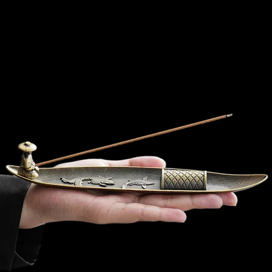 Japanese Style 21cm Zen Fishing Man Incense Burner Metal One Leaf Sandalwood Incense Sticks Holder Alloy Home Decor Ornaments