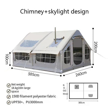 Inflatable camping tent no need to build 10 square meters 6-8 person space chimney design windproof and rainproof