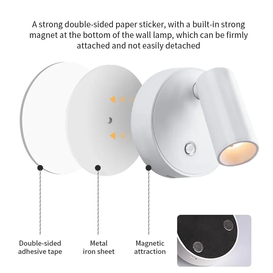 LED light magnetic USB Rechargeable Wall Light Spotlight Wireless No Punch Reading Light With Touch Switch Dimmable Bedside Lamp