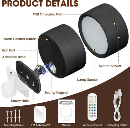 Magnetic LED Wall Light Night Dimmable Magnetic Picture Lights 360° Rotation Touch Remote Control Cabinet Spotlight Night Lamp