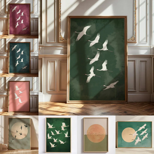 Japanese Flying Cranes White Bird Canvas Prints Poster Vintage Japandi Aesthetics Art Prints Bedroom Wall Art Home Decor Poster