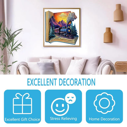 Wooden Puzzle for Adults -The train in the book Puzzle, Unique Shape Wooden Jigsaw Puzzles, Modern Art Home Decor