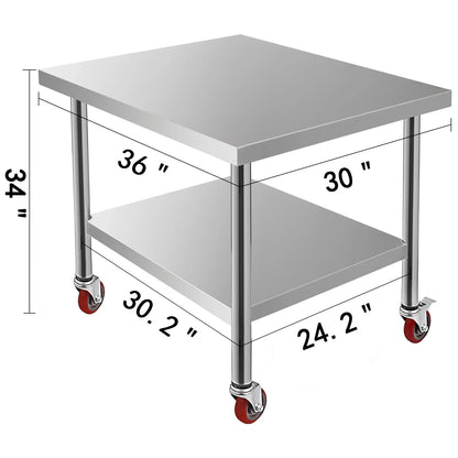 VEVOR Stainless Steel Kitchen Prep Table With 4 Caster Wheels & Backsplash Loads Up to 100KG-300KG for Home Storage Rack Dining