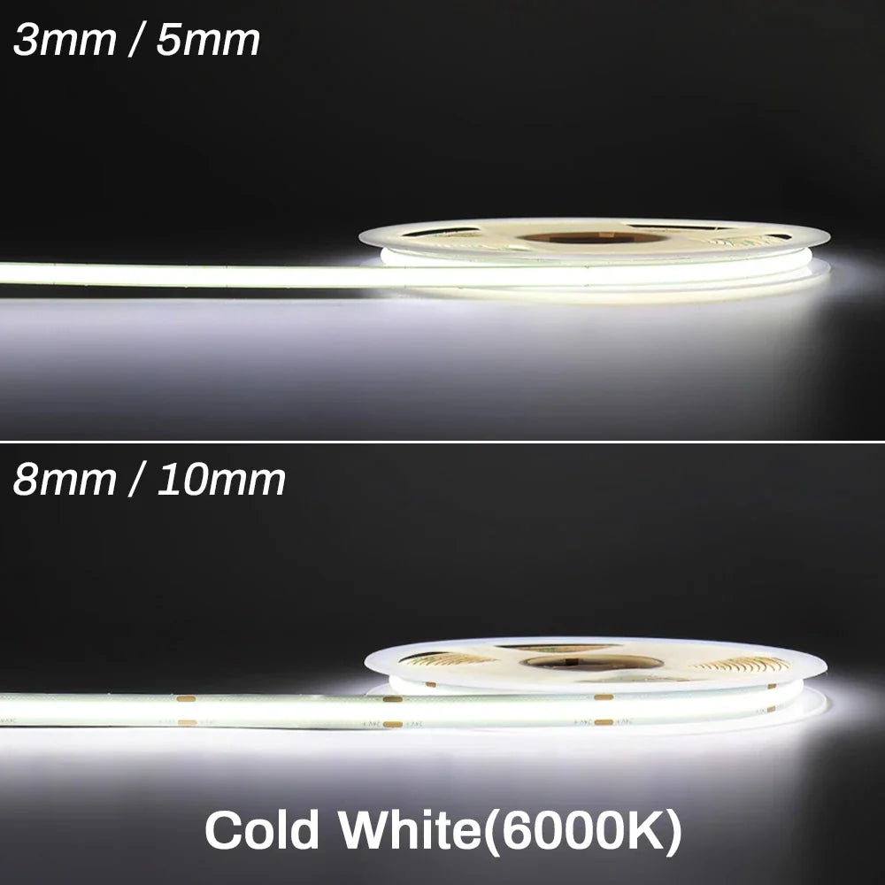 3mm 5mm 8mm COB LED Strip 12V 24V Dimmable Tape LED Ice Blue Yellow Red Green Pink White For Home Decor RA90 LED Strip Lighting