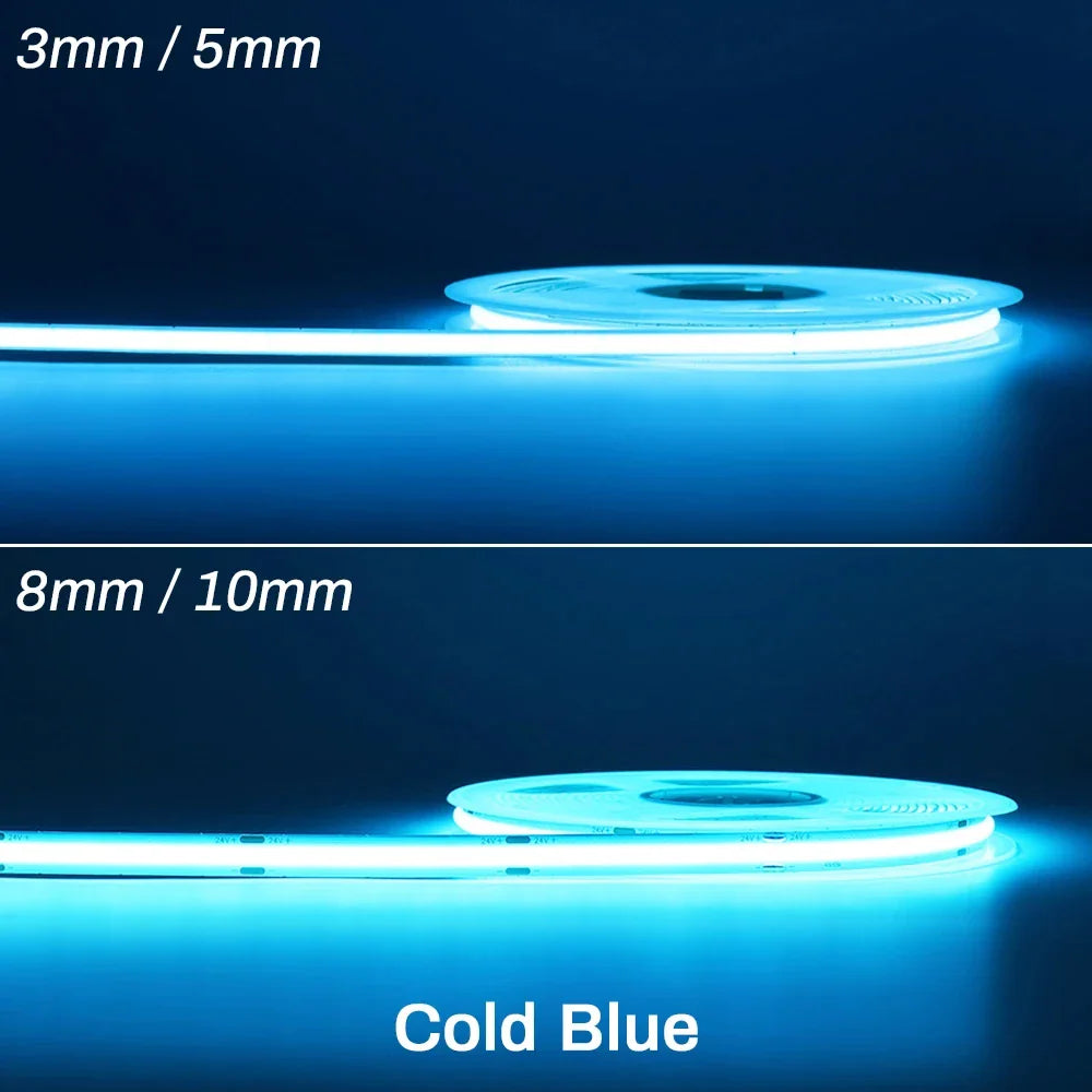 3mm 5mm 8mm COB LED Strip 12V 24V Dimmable Tape LED Ice Blue Yellow Red Green Pink White For Home Decor RA90 LED Strip Lighting