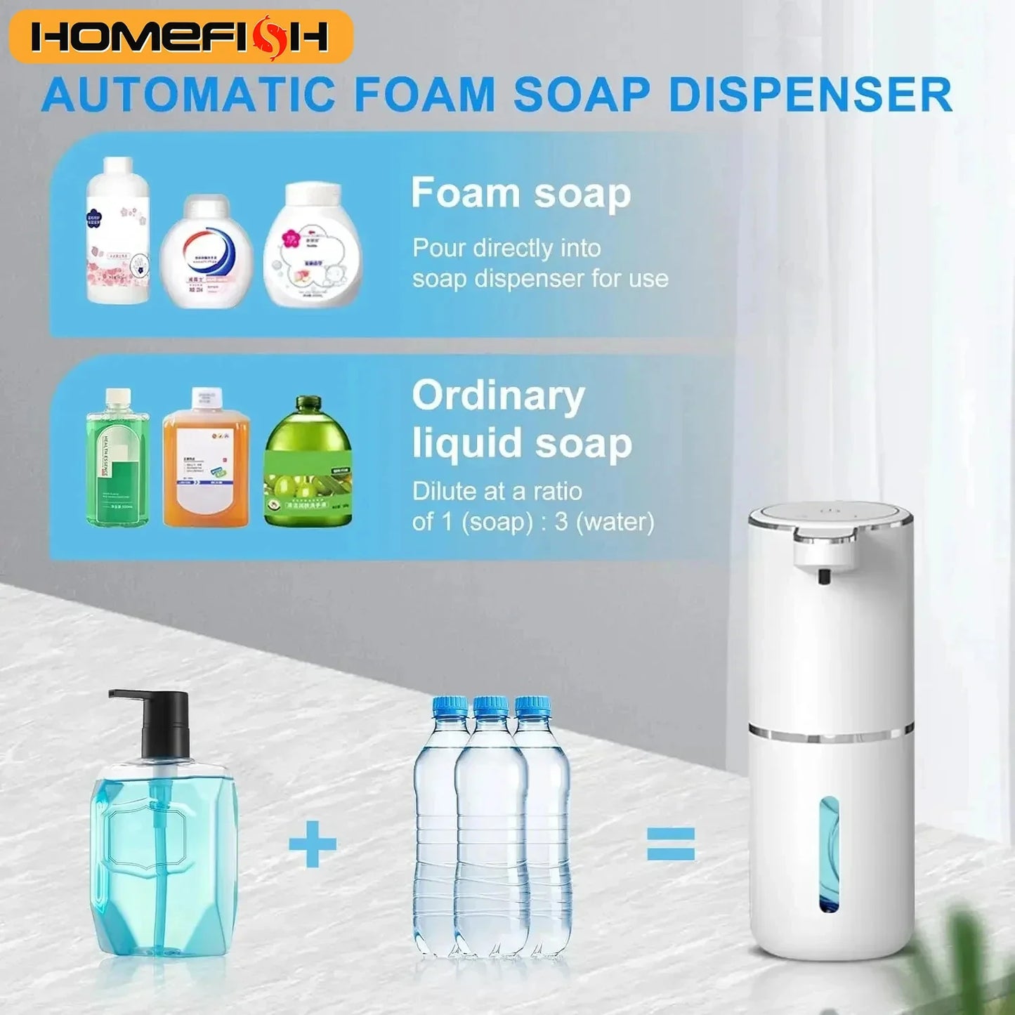HOMEFISH Automatic Soap Dispenser Touchless Foaming Soap Dispenser 380ml USB Electric 4 Level Adjustable Foam Soap Dispenser