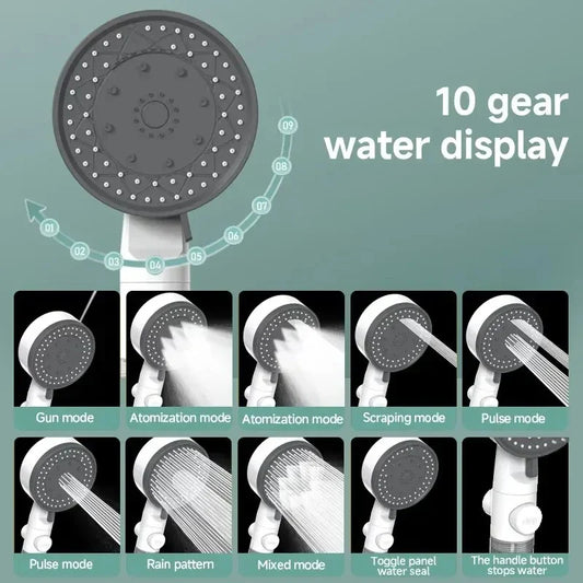 10-Settings Handheld Showerhead with Adjustable High-Pressure Filter, Portable One-Click Stop Shower Accessory