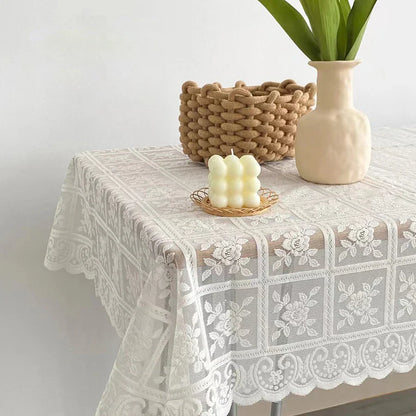 One Antique Embroidered Lace Tablecloth - Solid Color Elegant Flower Cut Process Polyester Square Tablecloth, 100% Polyester