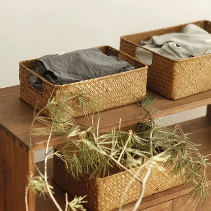 Woven Seagrass Basket for Home Decor, Natural Wicker Basket, Storage Basket, Fruit Bread Towel, Kitchen Table, Rattan