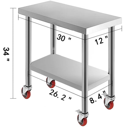 VEVOR Stainless Steel Kitchen Prep Table With 4 Caster Wheels & Backsplash Loads Up to 100KG-300KG for Home Storage Rack Dining