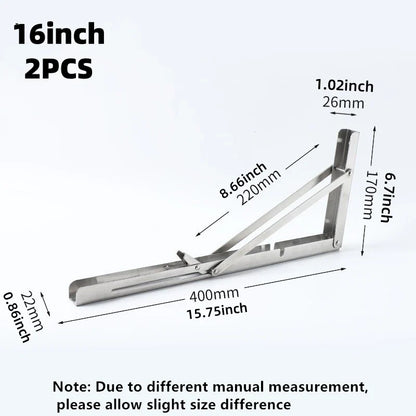 2Pcs Triangle Folding Angle Shelf Bracket Heavy Duty Stainless Steel Collapsible Shelf Bracket for Table Work Bench Wall Mounted