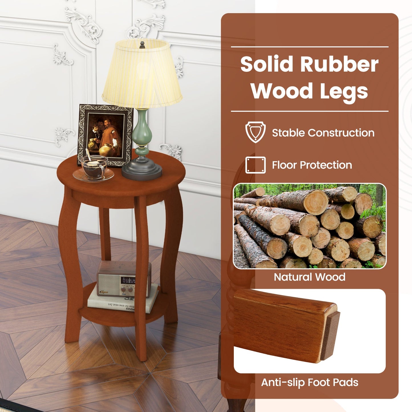 Set of 2 15 Inch 2-Tier Round End Table with Storage Shelf