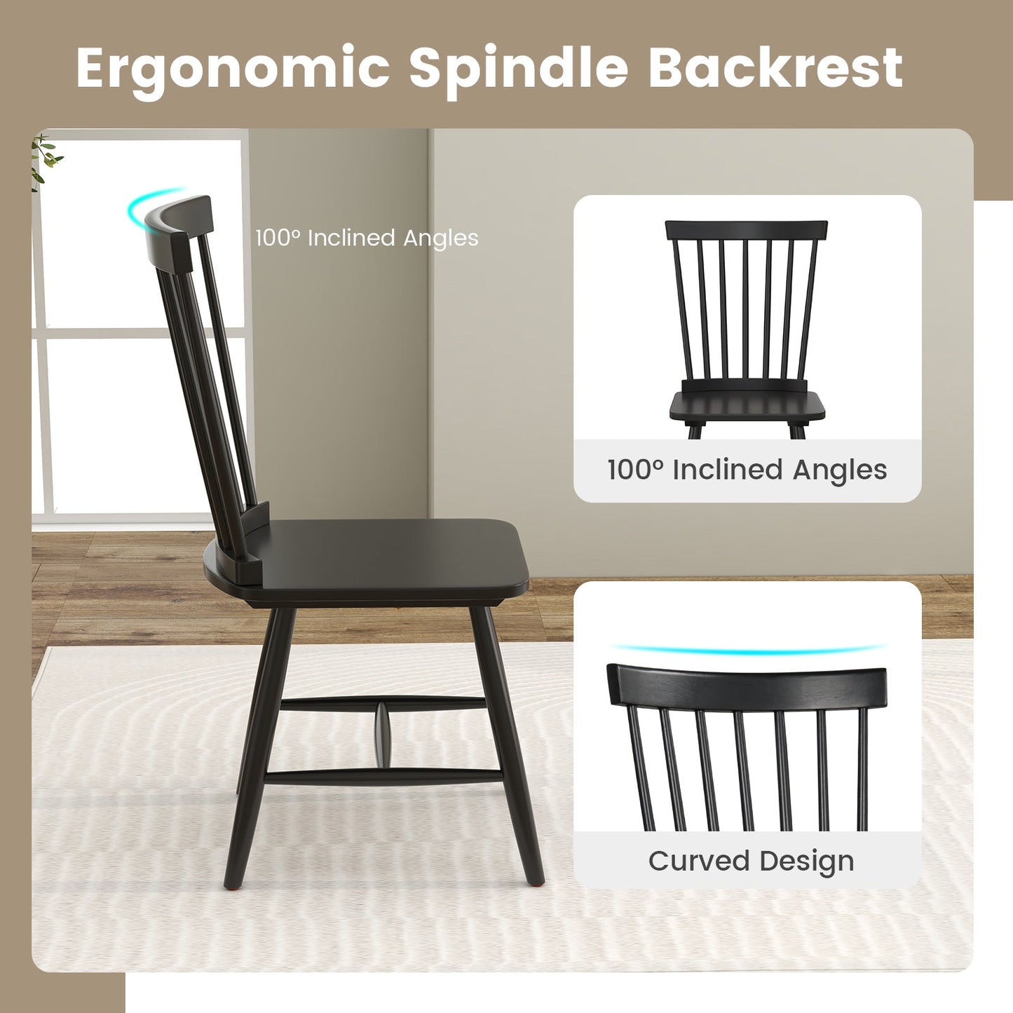 Set of 2 Windsor Dining Chairs with High Spindle Back