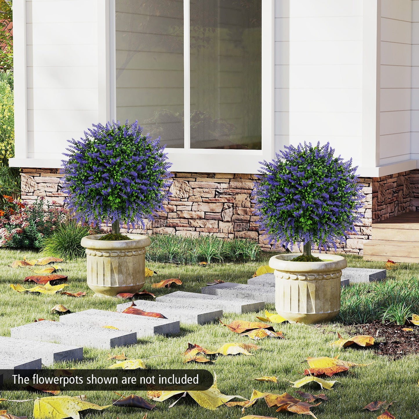 23 Inch Set of 2 Artificial Lavender Topiary Ball Trees with Cement-Filled Pot-Purple