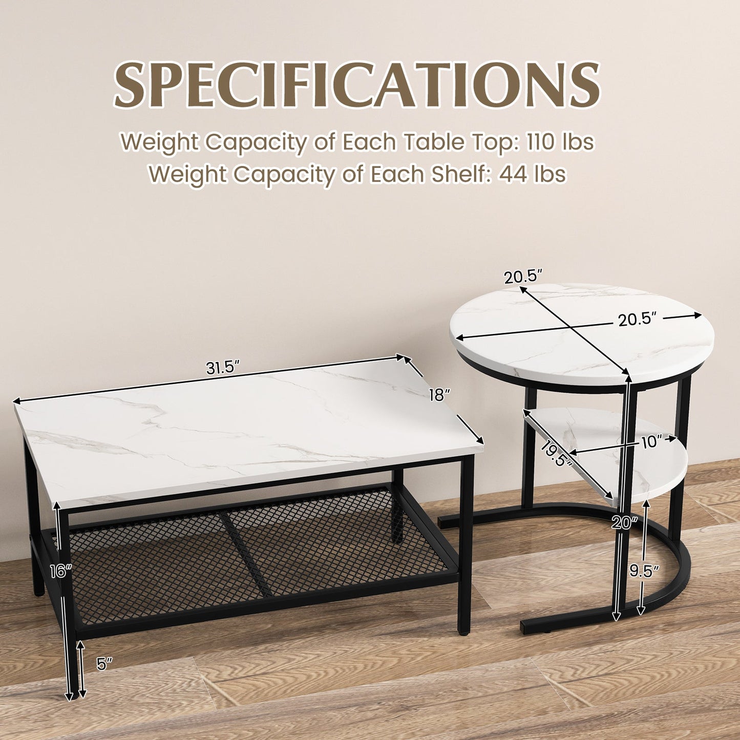 Set of 2 Nesting Coffee Table with Extra Storage Shelf for Living Room-Black