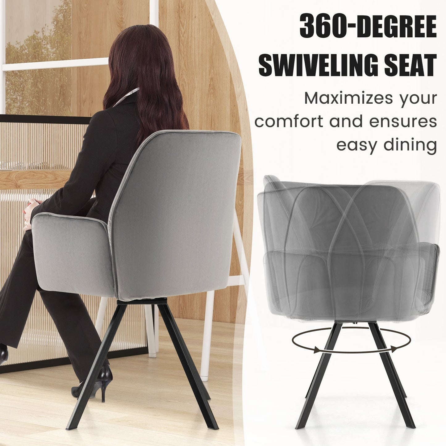 Set of 2 Swivel Accent Arm Chairs with Metal Legs and Wide Back-Gray