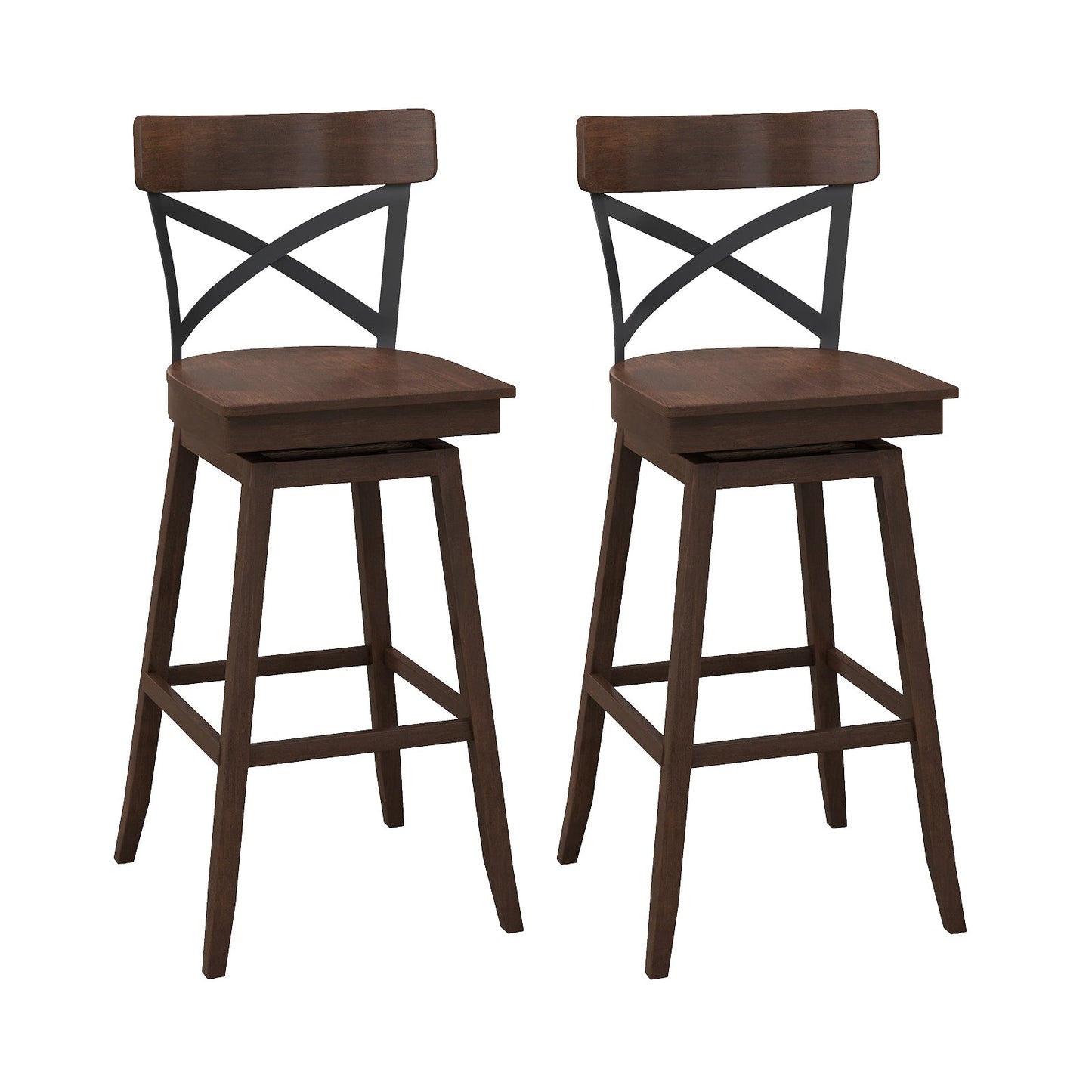 Set of 2 Wooden Swivel Bar Stools with Open X Back and Footrest