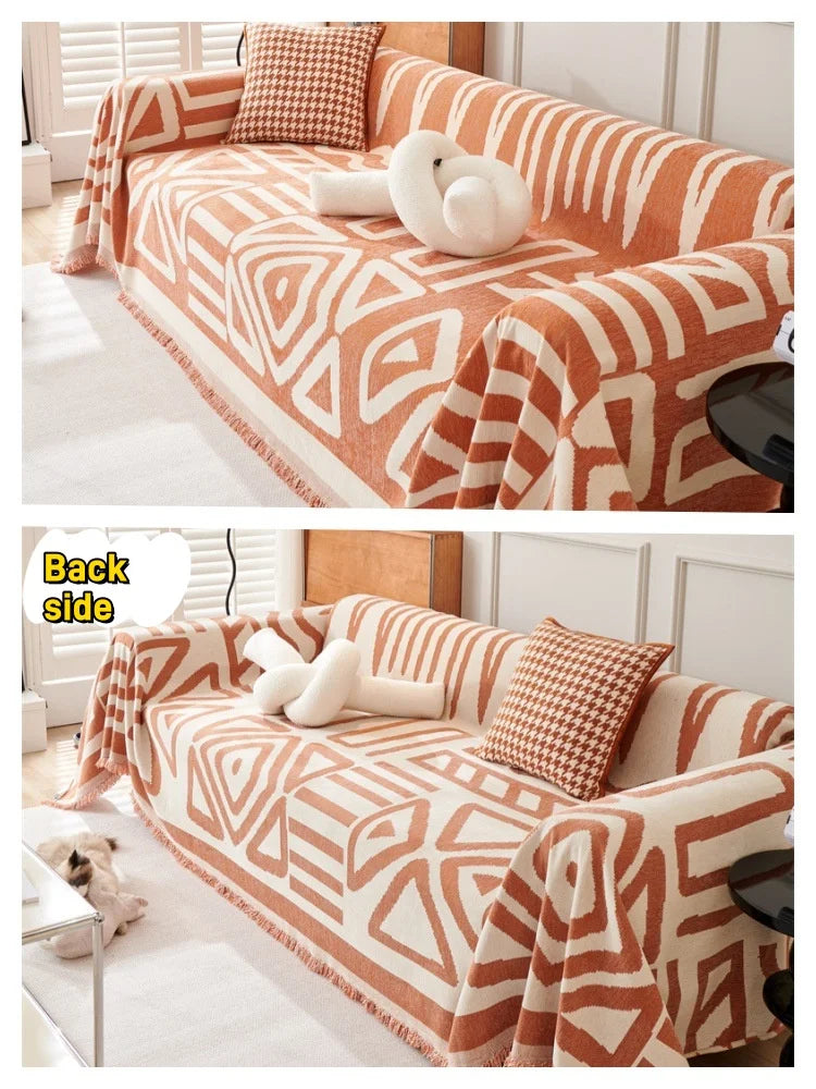 Boho Style Chenille Sofa Towel with Tassels, Double-side, for Living Room Camping Picnic Large Blanket Leisure Relax Beach Towel