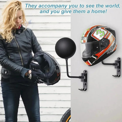 Wall Mount Motorcycle Helmet Holder 180°Rotation Football Bicycle Helmet Rack Helmet Display Hanger Stand for Caps With 2 Hooks