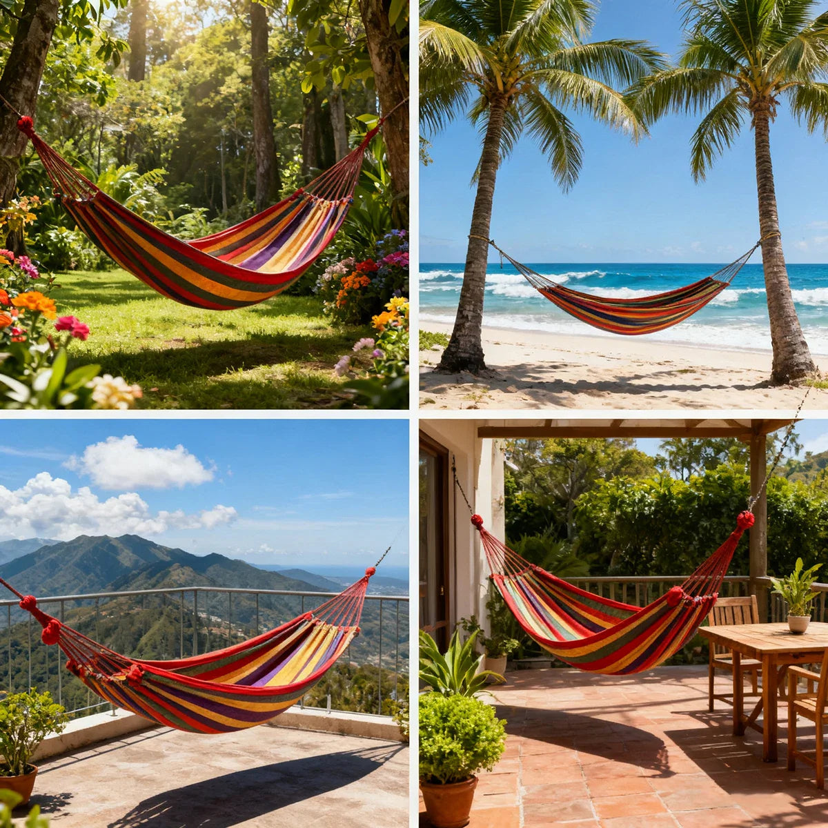Double Hammock 2 Person Canvas Cotton Hammock with Tree Straps for Patio Garden Backyard Outdoor and Indoor (Red, Blue)