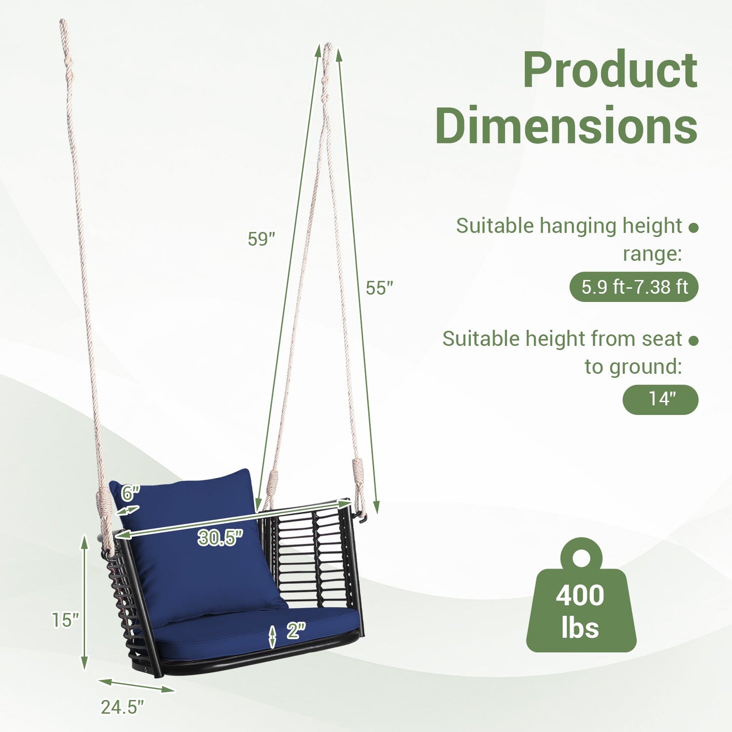 Single Person Hanging Seat with Woven Rattan Backrest for Backyard