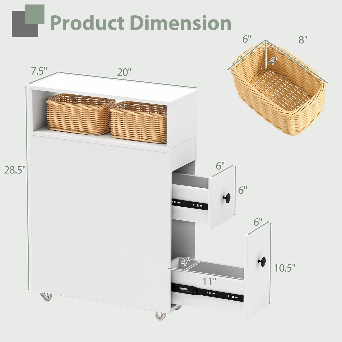 Slim Bathroom Cabinet Wooden Toilet Organizer with Deep Slide Out Drawers