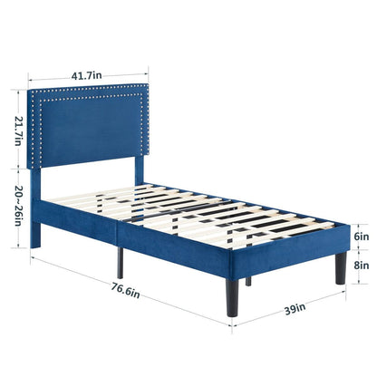 Set of 2 - Twin Dark Blue Upholstered Platform Bed with Nailhead Trim Headboard