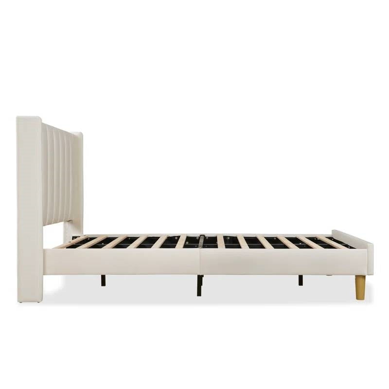 Twin size Mid-Century Platform Bed Frame with Cream Velvet Upholstered Headboard