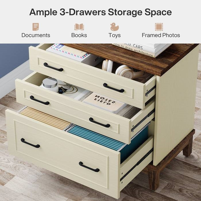 Vintage White/Rustic Brown 3 Drawer Filing Cabinet Printer Stand