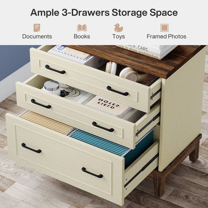 Vintage White/Rustic Brown 3 Drawer Filing Cabinet Printer Stand