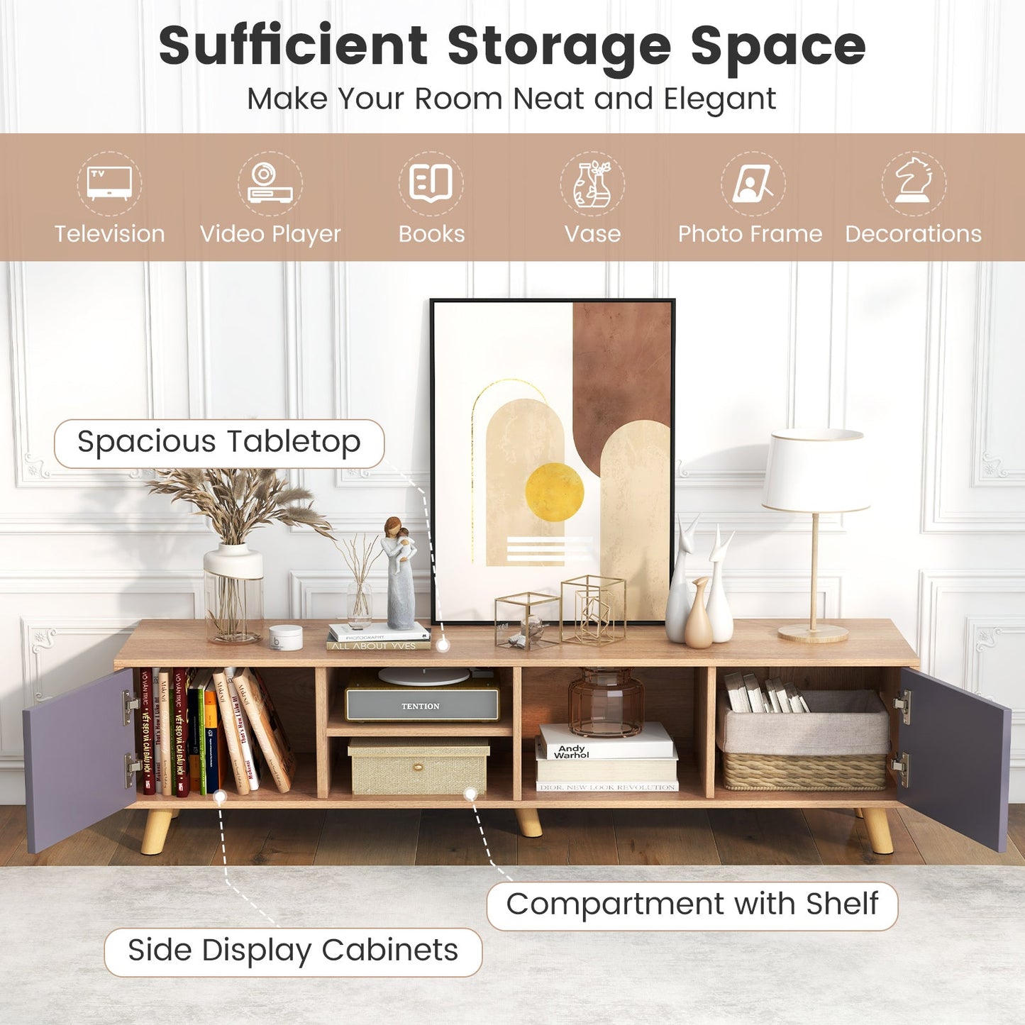 TV Stand Cabinet for TVs up to 65 Inch with Open Shelf for Living Room