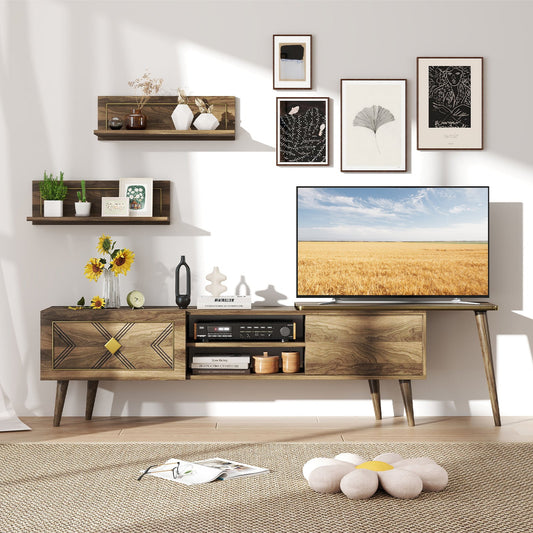 Mid-century Modern TV Stand for TVs up to 85 Inch with Open Compartments-Walnut