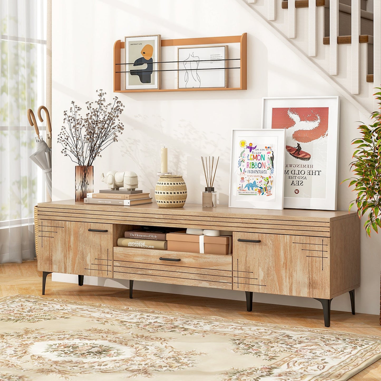 TV Stand with 2 Cabinets and Storage Drawer for 65 Inches TVs-Oak