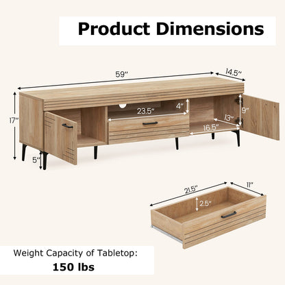 TV Stand with 2 Cabinets and Storage Drawer for 65 Inches TVs-Oak