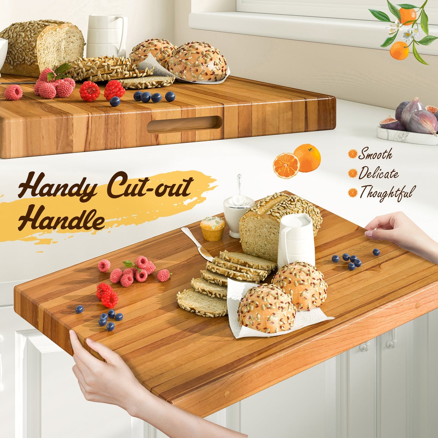 Teak Wood Cutting Board Extra Large 24 Inch Reversible Cutting Board with Handle