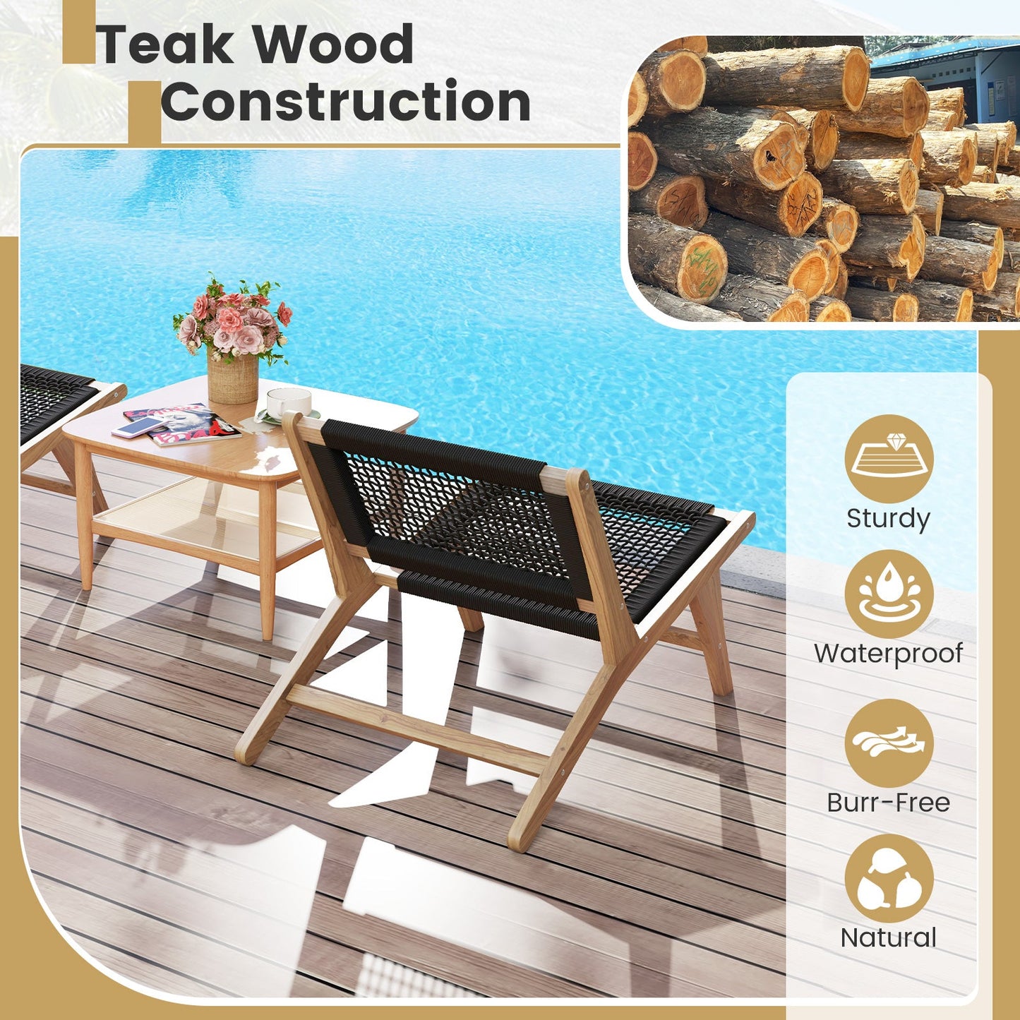 Indoor Outdoor Teak Wooden Chair with Handwoven Cordage Seat and Backrest