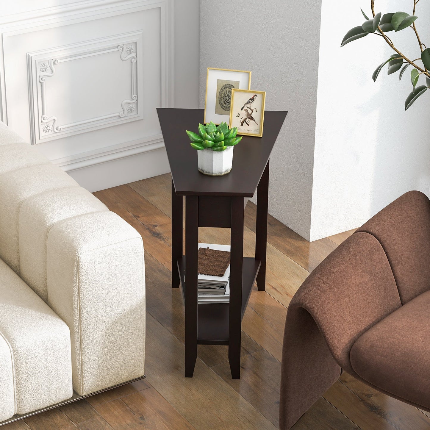 2-Tier Wedge Narrow End Table with Storage Shelf and Solid Wood Legs