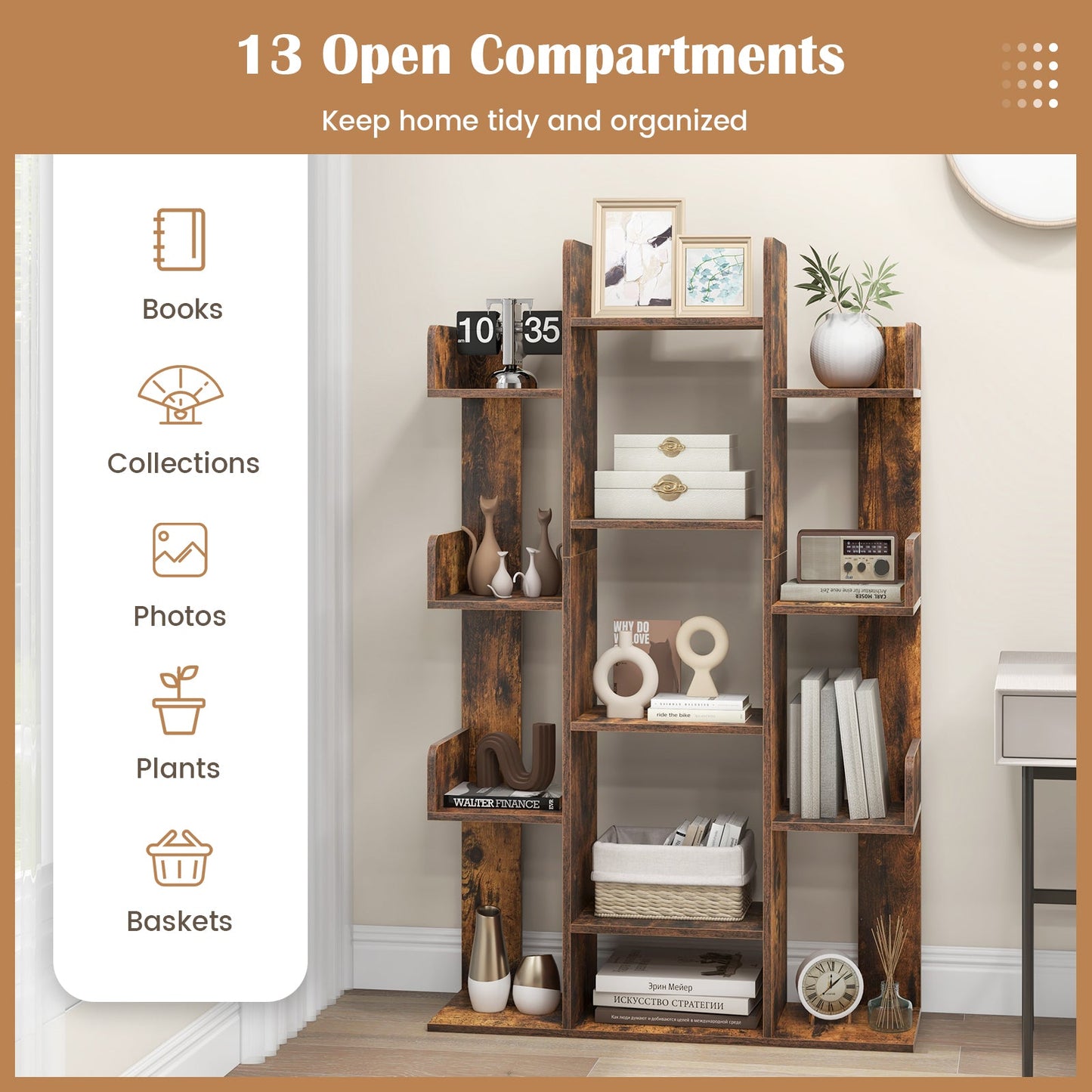 Tree-Shaped Bookshelf with 13 Compartments