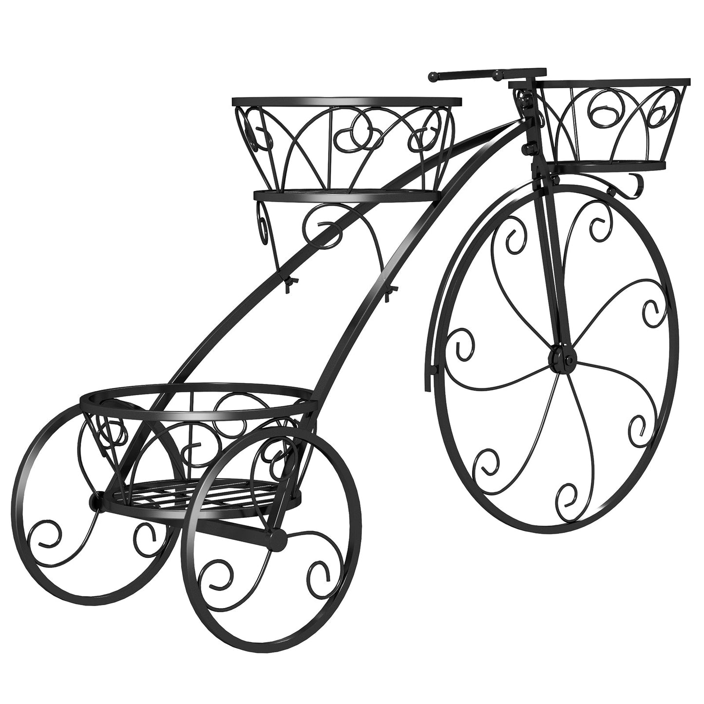 Tricycle Plant Stand Flower Pot Cart Holder with 3 Hollowed Baskets