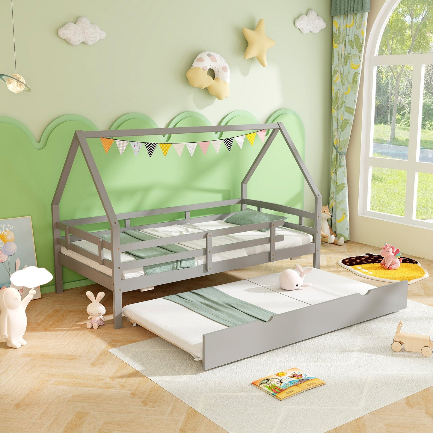 Twin House Bed with Trundle and Fence Rail