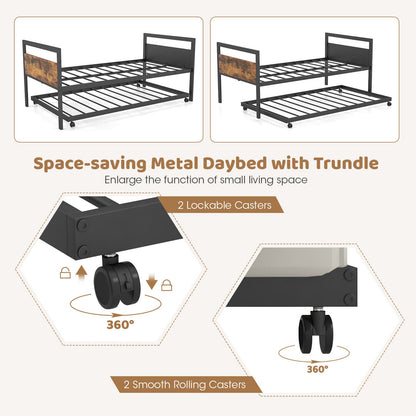 Twin Metal Daybed with Trundle Lockable Wheels-Twin Size
