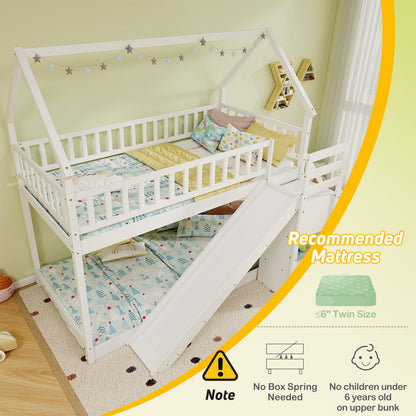 Twin Over Twin Bunk Bed with Slide and Staircase-White
