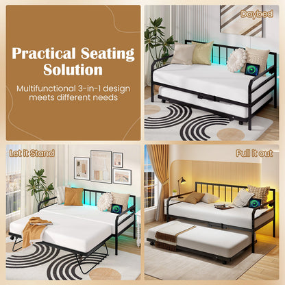 Adjustable Metal Twin Size Daybed with Charging Station and LED Light
