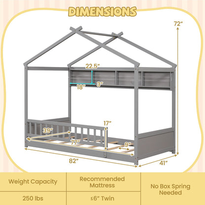 Twin Size House Bed with Storage Shelf and Headboard