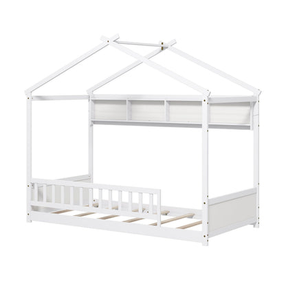 Twin Size House Bed with Storage Shelf and Headboard