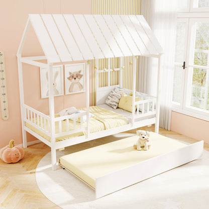 Twin Size House Bed with Trundle Kids Platform Bed with Roof Window-White