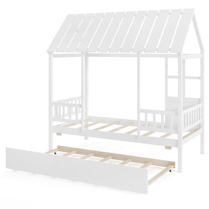 Twin Size House Bed with Trundle Kids Platform Bed with Roof Window-White