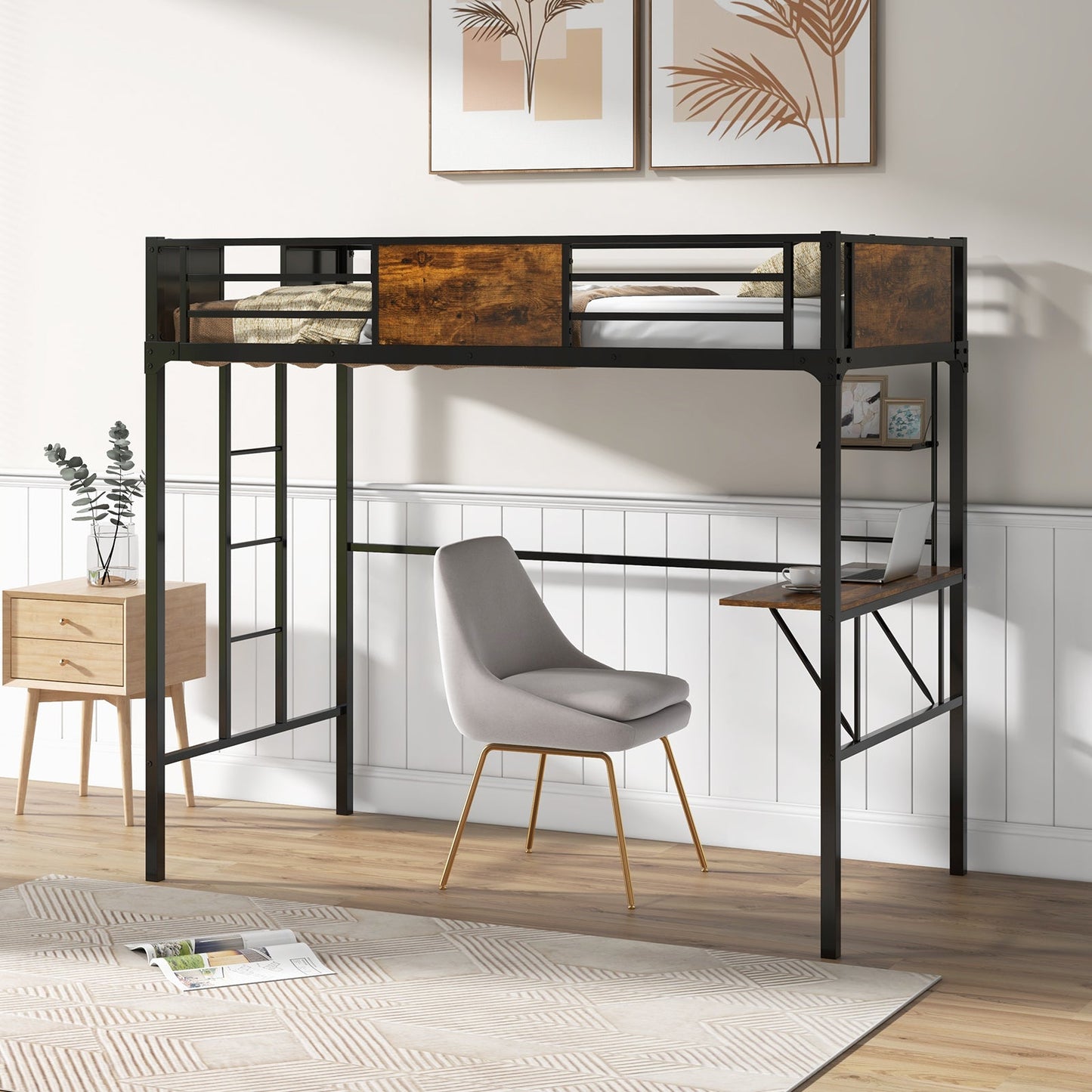 Twin Size Industrial Metal Loft Bed with Desk Storage Shelf and Build-in Ladder-Twin Size
