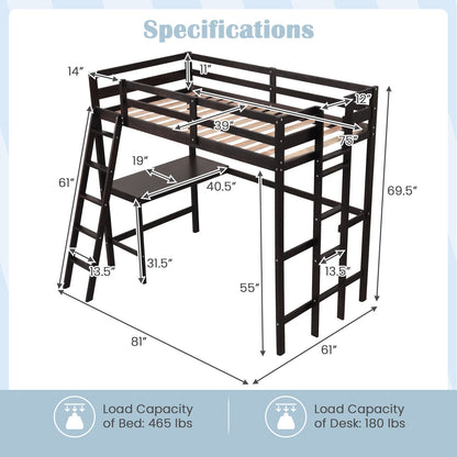 Twin Size Loft Bed Frame with Desk Angled and Built-in Ladder