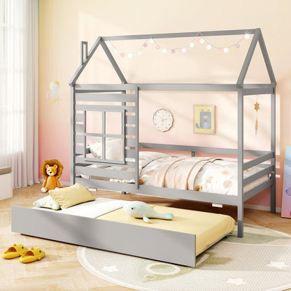 Twin Size Wooden Platform House Bed with Trundle and Roof